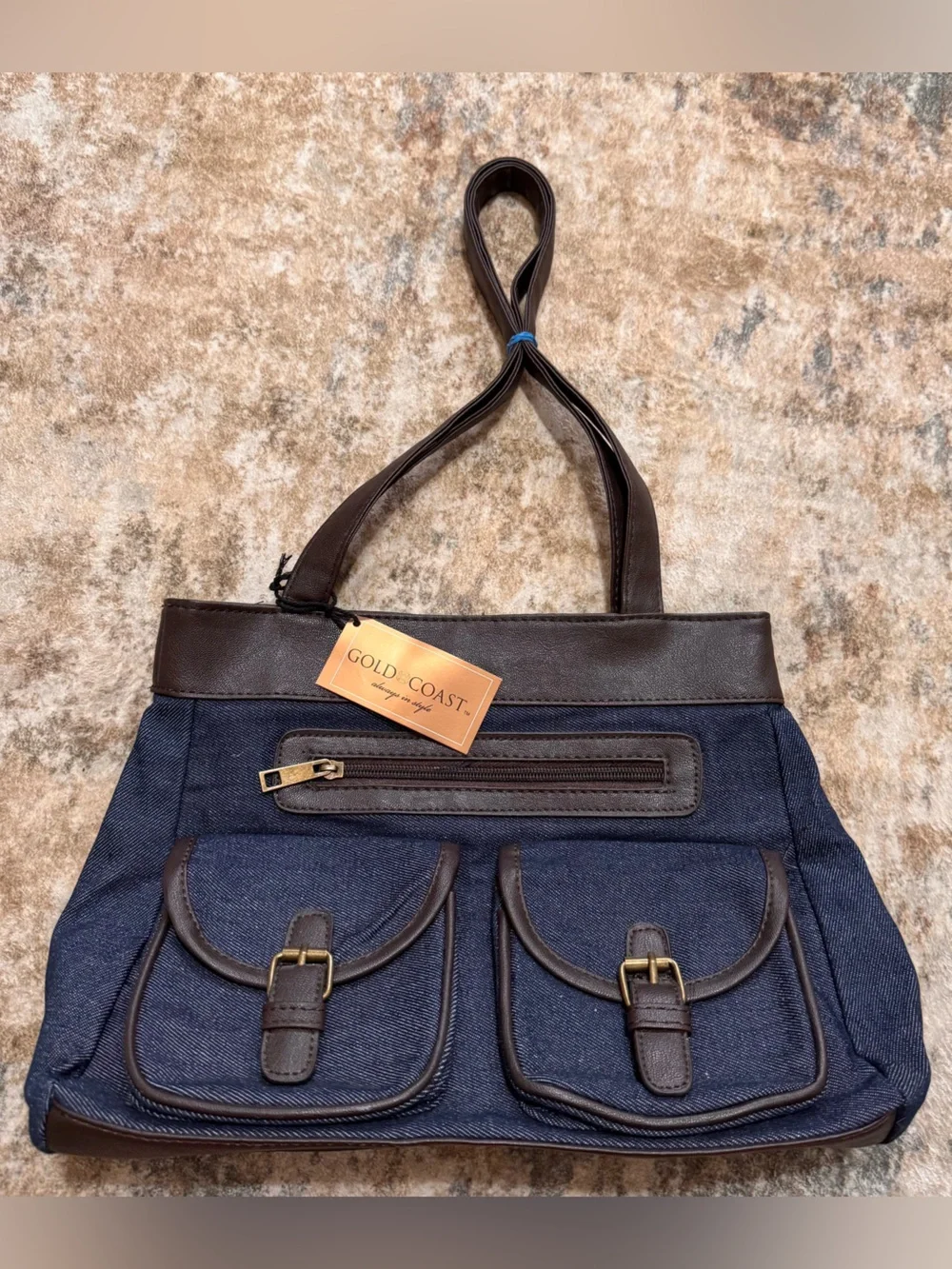 Gold Coast Denim & Brown Leather Pocket Shoulder Bag -Western wear/ McBling/Boho